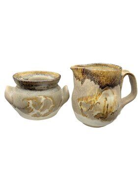 Vintage Mini Drip Glaze Ceramic Creamer & Sugar Bowl Set Studio Artist Signed